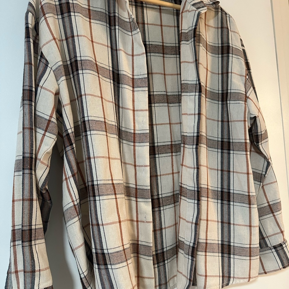 SHEIN Plaid Button Down Shirt - Cream, Black, Brown